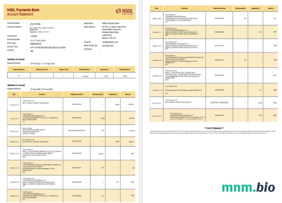 Szablon wyciągu bankowego w Indiach NIPPON, format Word i PDF